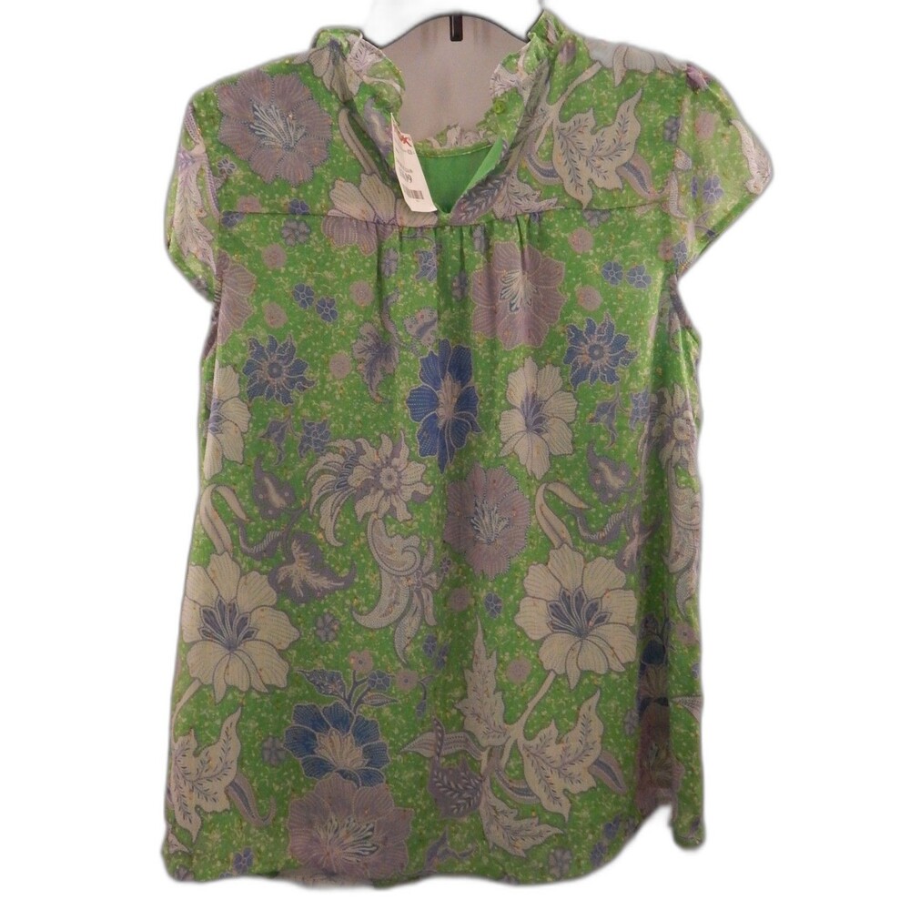 Joie NEW Floral Chiffon Green Lavender Metallic Ruffle Lined Blouse Top Sz MED